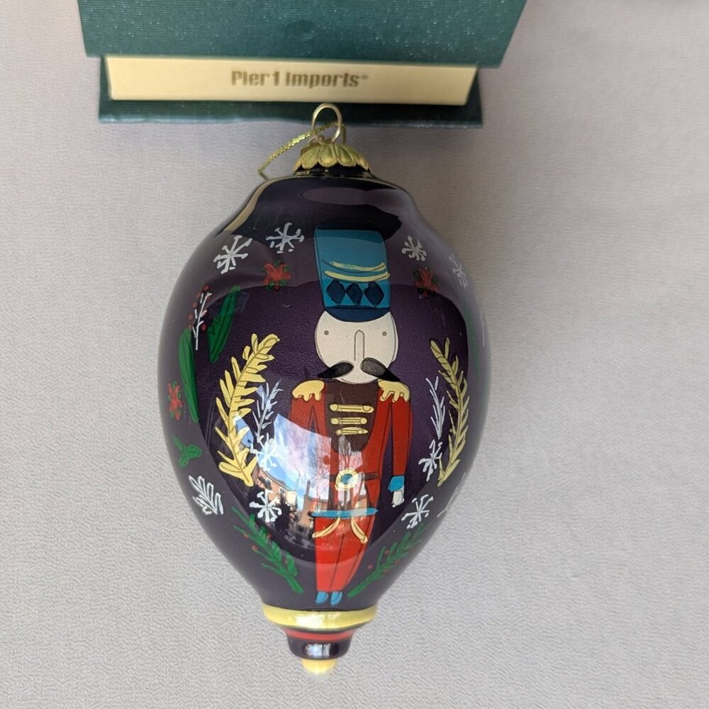 Pier 1 One Nutcracker Glass Ornament Li Bien Hand Painted Finial 2019 Gift Box